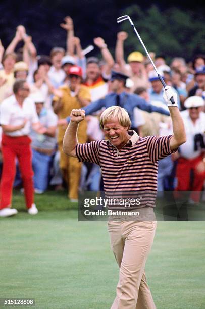 Springfield, New Jersey: Jack Nicklaus raises arm, June 15, after winning US Open at Baltusrol Golf Course. Jack Nicklaus celebrates, June 15, after...