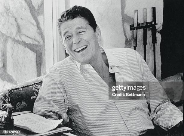 Pacific Palisades, California: Republican presidential candidate Ronald Reagan was all smiles as he talked with reporters between meetings with his...