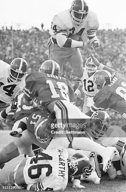 University of Georgia's Herschel Walker, , scored his record touchdown of the game as he dived over the Florida defensive line during the 2nd quarter...
