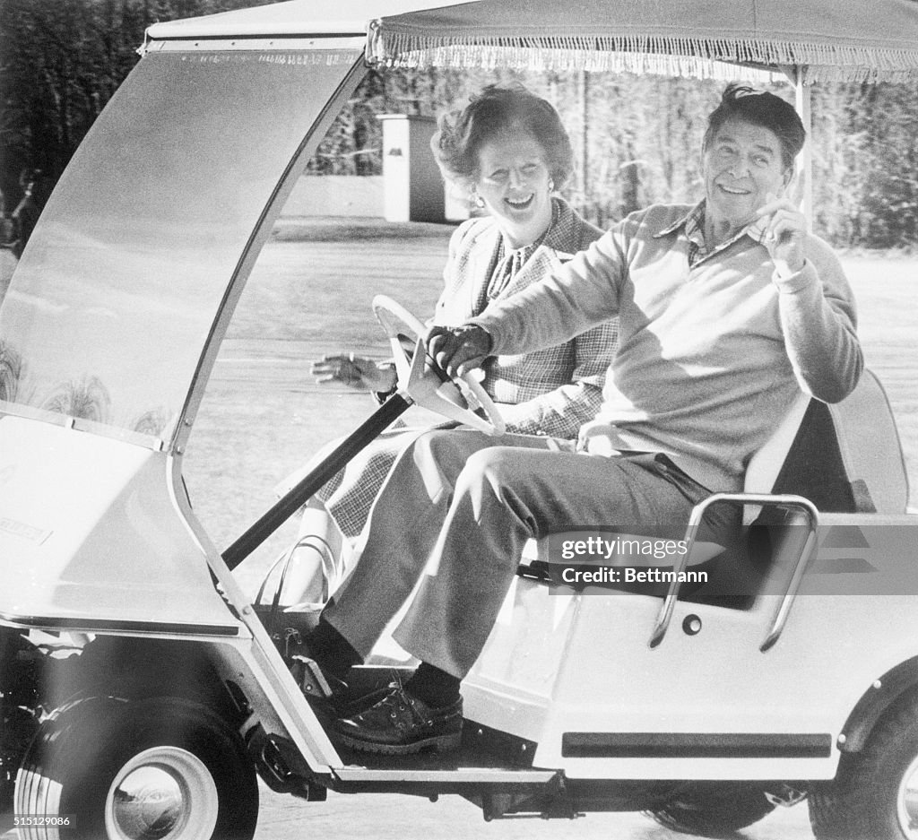 President Reagan and Margaret Thatcher Riding in Golf Cart