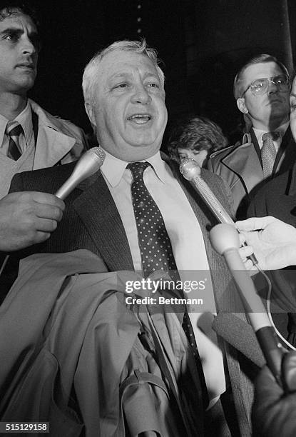 New York: Israeli Gen. Ariel Sharon and wife, Lilly briefly talk to press outside U.S. District Court where the Federal Jury began considering the...