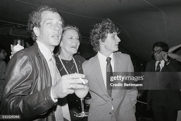 New York, New York: Actress Lauren Bacall is flanked by sons Stephen Bogart and Sam Robards during party at the South Street Seaport. Stephen's...