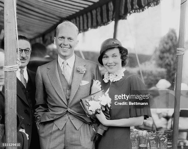 California: Stars At Wedding. Maureen O'Sullivan, screen star, and John Farrow are seen here as they attended the wedding of Margaret Ettinger,...