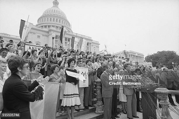 Washington: Sen. Edward Kennedy, D-Mass., appears outside Capitol during a rally 7/14, after the Equal Rights Amendment was introduced by the House...