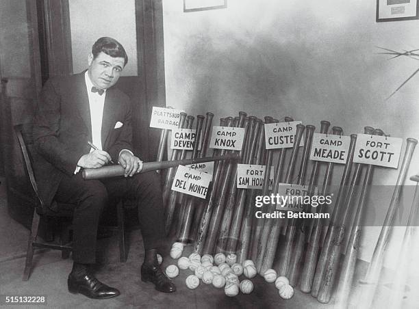 Babe Ruth autographs bats and balls for distribution in 28 citizens military training camps...One bat and one ball, each autographed by Babe Ruth...