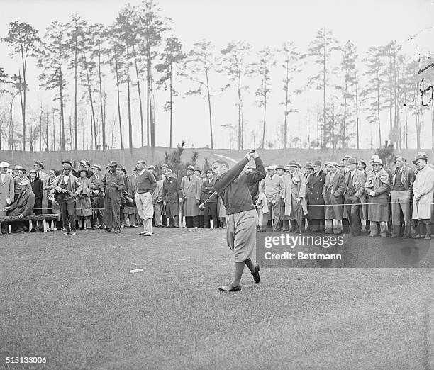 Jones tied for eighteenth in Augusta Tourney. Bobby Jones of Atlanta, pictures as he drove from the 8th tee in the Masters Invitation Golf Tournament...