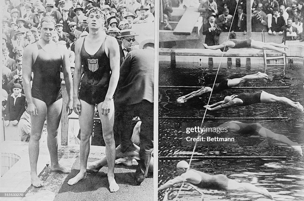 Swimmers Johnny Weissmuller and Andrew Charlton at Competition