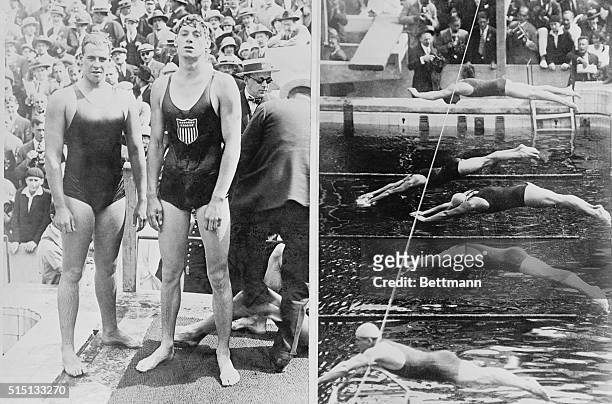Paris, France: Composite Olympic photo of the 400 meter swimming event. On left are swimmers Johnny Weissmuller, U. S. A. And Andrew Charlton,...