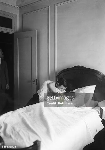 New York: Photo shows the wreck of the once powerful Babe Ruth, as he broke down in his apartment in the Grand Concourse Plaza, the Bronx, after...