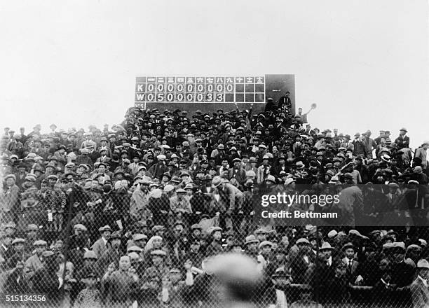 Above is pictured part of the crowd of 30,000 baseball fans who viewed the game between Wasedo and Keio Universities. This was the first time in...