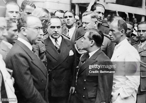 When Revolt Flared in Brazil. Rio de Janeiro, Brazil: President Getulio Vargas with General Joao Gomes, minister of war and other cabinet officers,...