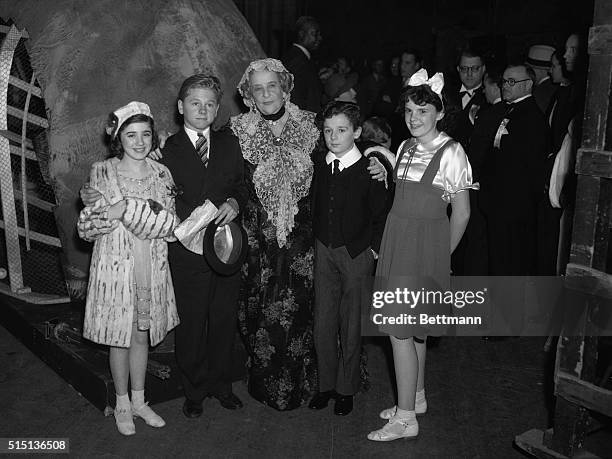 Edith Fellows, Mickey Rooney, May Robson, Freddy Bartholomew and Judy Garland, are shown as they attended the Rogers Memorial Show of Shows held at...