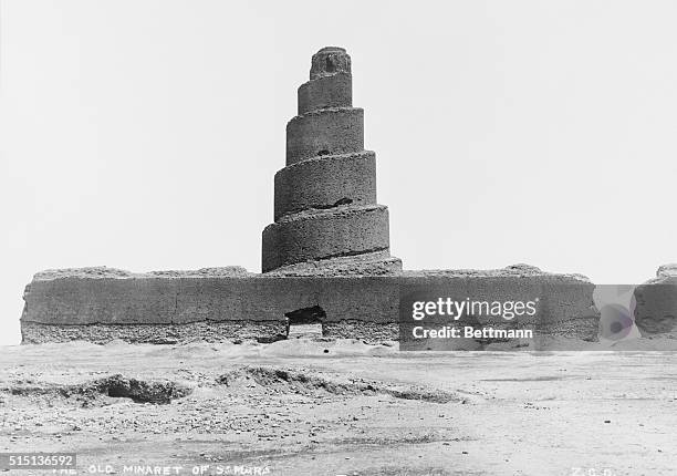 Photo shows the ruins of the ancient tower of Samara on the Tigris River seventy miles Northwest of Bagdad which native Moslems and Christians alike...