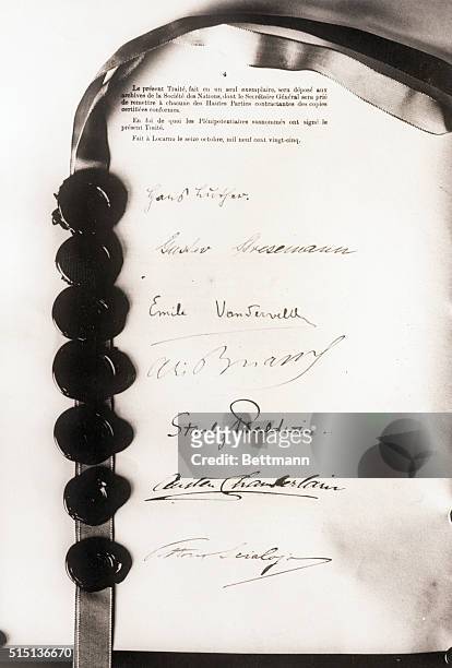 London, England- Photo shows the signatures of some of the delegates to the Locarno Treaty, which were affixed at the signing, which took place in...