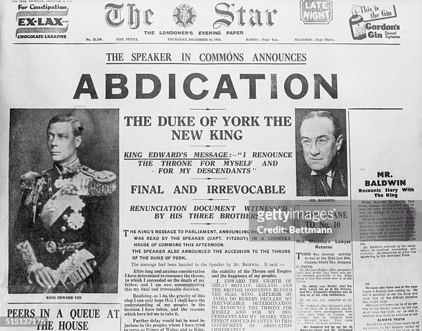 London: Front page of the London Star, with stories of King Edward's abdication and York's accession to the throne.