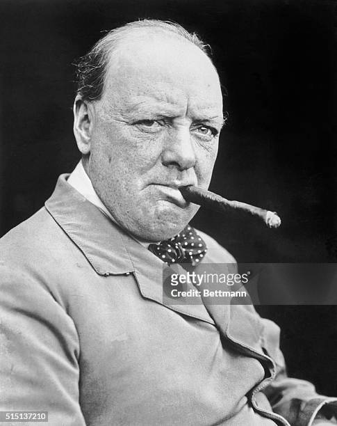 Winston Churchill, former Chancellor of the Exchequer in the Baldwin Cabinet, photographed at the Banff Springs Hotel, Banff, Alberta, Canada, in the...