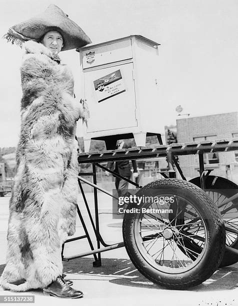 Publicist and salesman Jim Moran during a publicity stunt for General Electric where he flew to Alaska and sold an Icebox to an Eskimo. Moran, who...