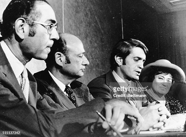 Benjamin Rosenthal , Edward Koch , Charles Wilson and Bella Abzug at a press conference, where they said the United States and other Western...