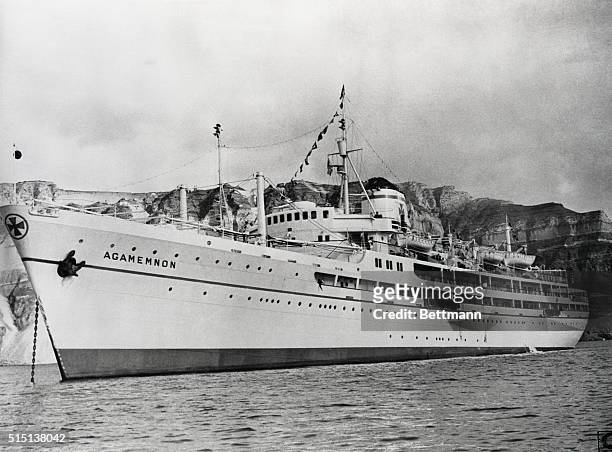 Greek luxury liner ‘Agamemnon,' placed at the disposal of the King and Queen of Greece by the owners—the Nomikes Lines—free of charge, for a Royal...