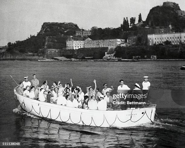 Waving like a bunch of delighted tourists, a boat load of European royalty heads for the Greek Island of Corfu, the first stop on the cruise of...