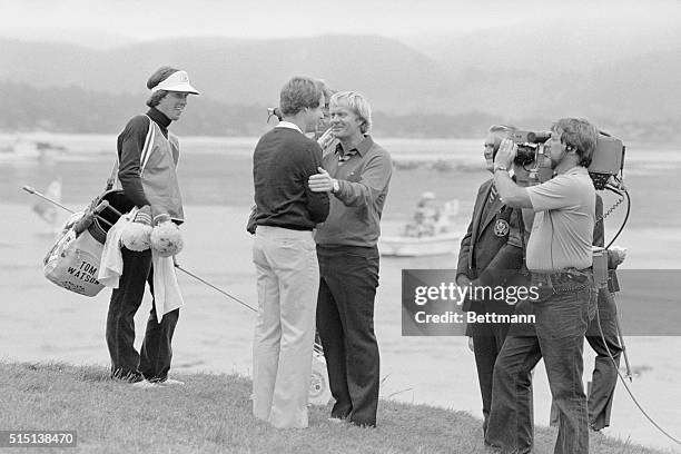 Pebble Beach, California: U. S. Open Golf. Winner of the U. S. Open golf tourney here 6/20, Tom Watson , is congratulated by his opponent, Jack...