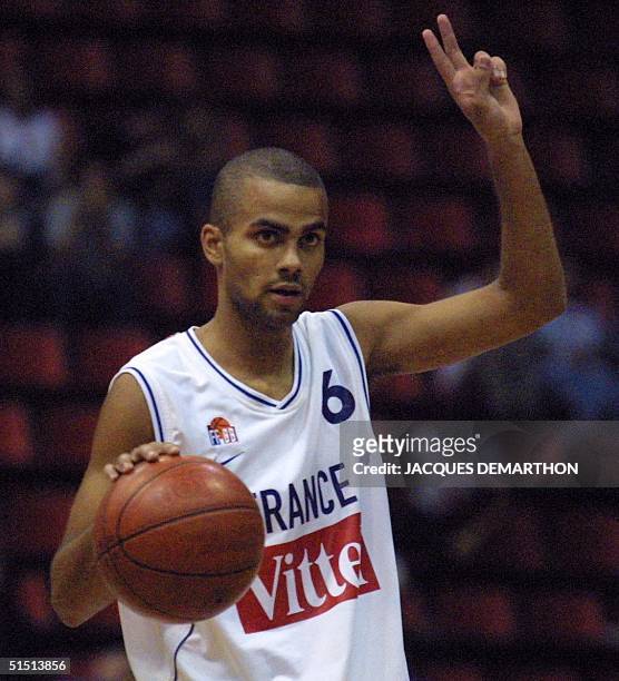 Basketball Russia vs France, 32nd European Championship for Men : French Tony Parker make a sign for a play's scheme during the match Russia vs...
