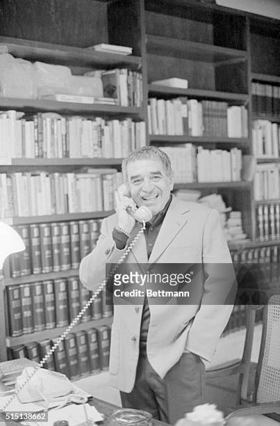 Mexico City: Columbian author Gabriel Garcia Marquez takes a telephone call after he won the Nobel Prize for Literature. He has been living in Mexico...