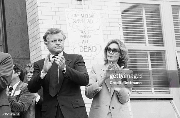 Boston: Senator Edward M. Kennedy and actress Lauren Bacall applaud as they share the platform with other entertainers and several U. S....