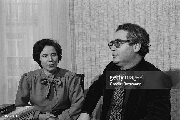 Nazi hunters Serge Klarsfeld and his wife Beate, who discovered that Klaus Barbie was living in Bolivia, are shown answering newsmen after it was...