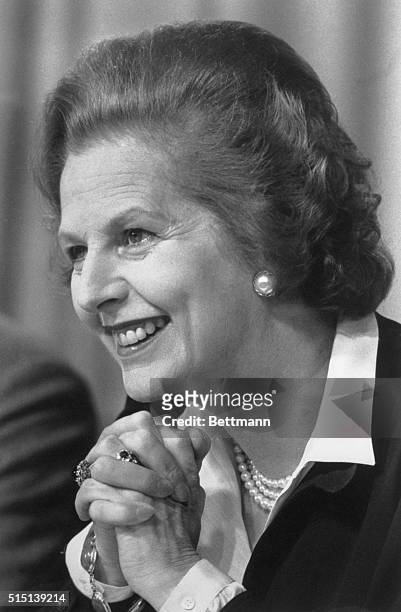 London, England- Britain's Prime Minister, Margaret Thatcher, answers questions from the press this morning at the Conservative Party headquarters in...