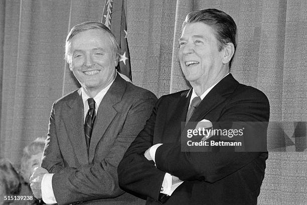 President Reagan and William F. Buckley Jr. Laugh heartily at a reception for the opening Office of the National Review.