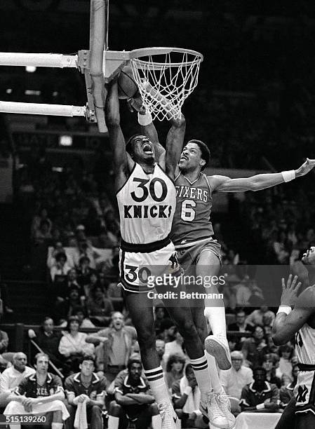 Sixers' Julius Erving battles Bernard King of the Knicks for the ball during the NBA Eastern Conference semi-final game at Madison Square Garden May...