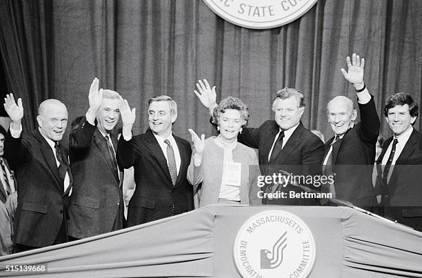 Springfield, Massachusetts: Announced Democratic Presidential candidates wave after Sen. Edward Kennedy, , of Mass., introduced them at the...
