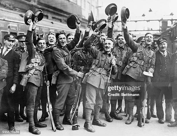 The first detachments of the British Troops were elated on their arrival in England, after nearly eleven years occupation of the Rhine. This picture...