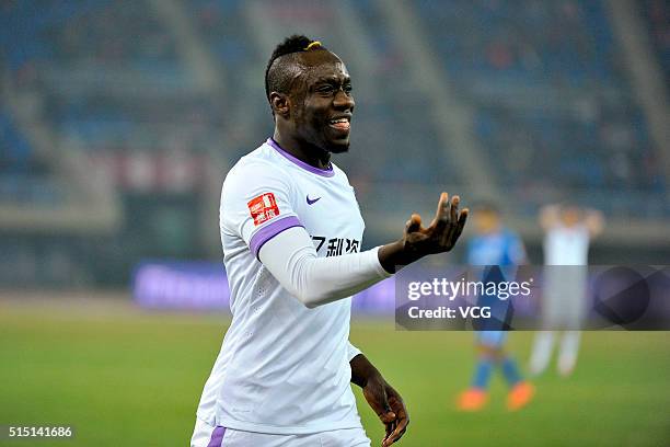 Mbaye Diagne of Tianjin Teda reacts during the Chinese Football Association Super League match between Tianjin Teda and Guangzhou R&F at Tianjin...