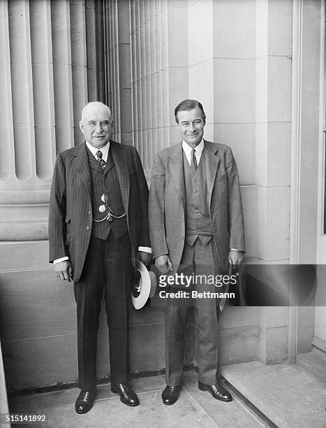 Washington, DC- J.P. Morgan and his son, Junius S. Morgan, shown on the balcony of the Senate Office Building Caucus Room during the hearing June...