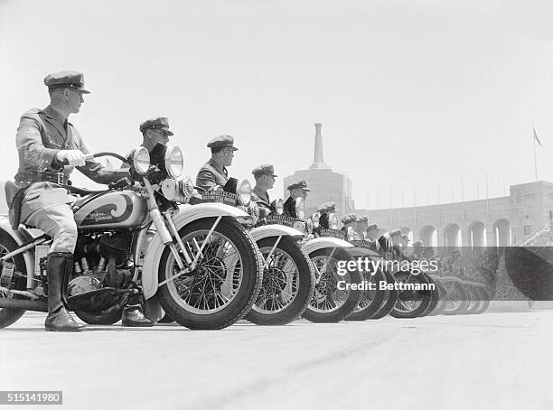 The motorcyle squad lines up during the Los Angeles Police Department's semiannual inspection and review in the Coliseum in Exposition Park.