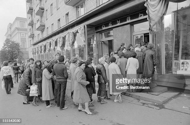 New shipment of shoes immediately attracts a line of people in Moscow. Quality consumer goods still are scarce in the Soviet Union. In a comment on...