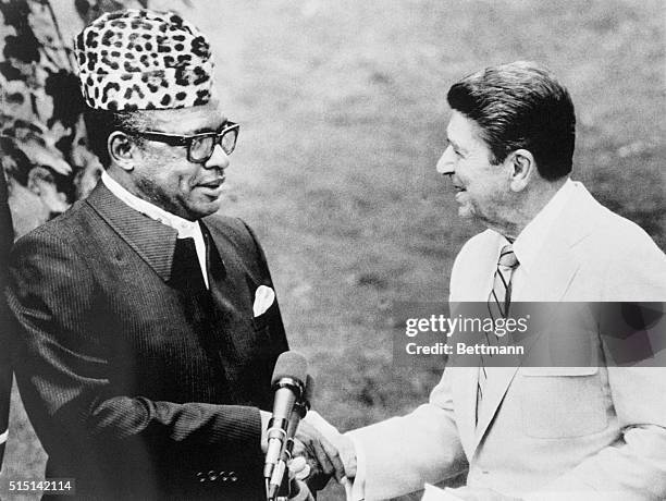 Washington: President Reagan bids farewell to President of Zaire, Mobutu Sese Seko as he departs concluding talks at the White House.