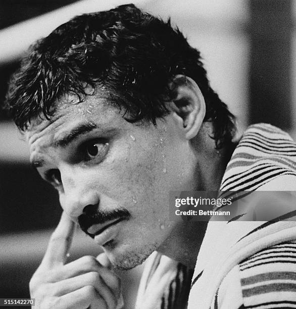 August 31, 1983-Las Vegas, Nevada: Three-time world champion Alexis Arguello looks thoughtful as he takes a break from training August 30th at...