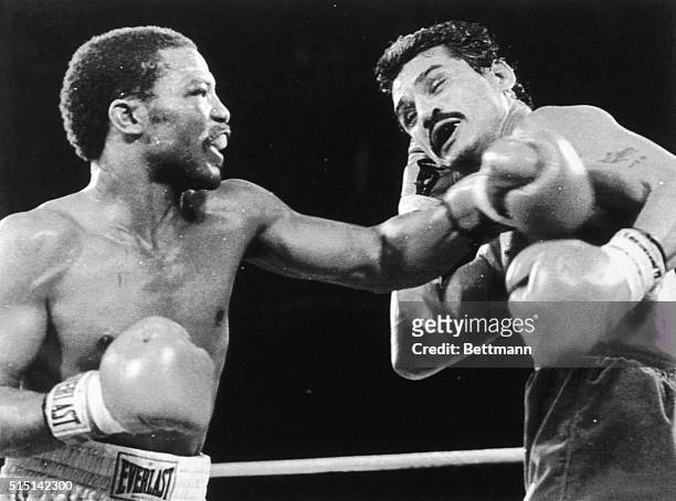 September 9, 1983-Las Vegas, Nevada: Aaron Pryor lands a left on Alexis Arguello in the fourth round of their WBA Junior Welterweight title fight at...