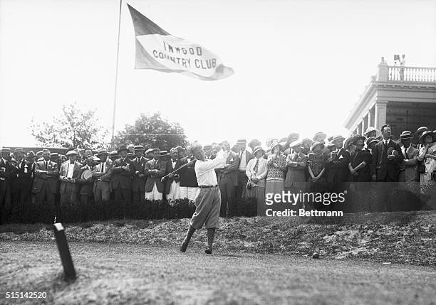 Golfer Bobby Jones teeing off on the 17th hole at Inwood Country Club during the U. S. Open Championship on Long Island, New York.