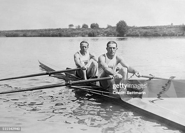 Photo shows the United States and Olympics doubles champions who led home their competitors on the Seine, in the Olympic races. Jack Kelly and Paul...
