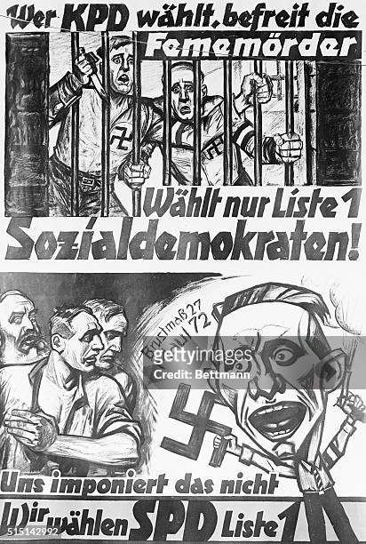Photo shows two of the curious posters being used by the Social Democrats, in the coming general election in Germany. These two were displayed in...