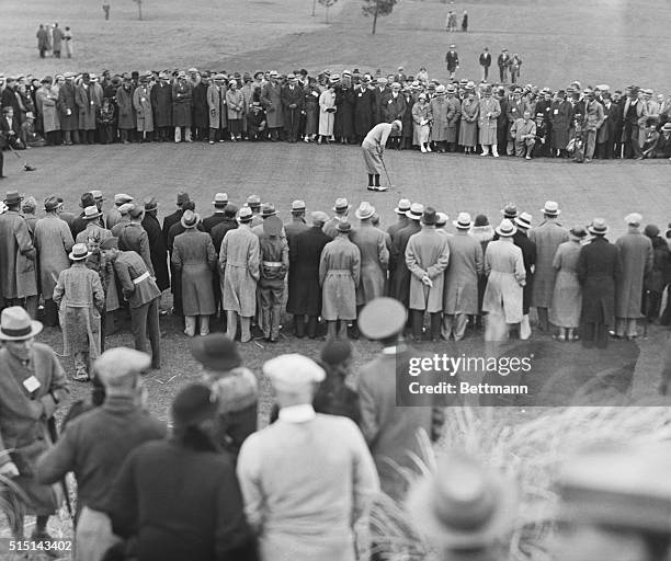 At Last Round of Masters' Golf Tourney. Horton Smith of Chicago, sinking a putt on the 16th green during the final round of the Masters' Invitation...