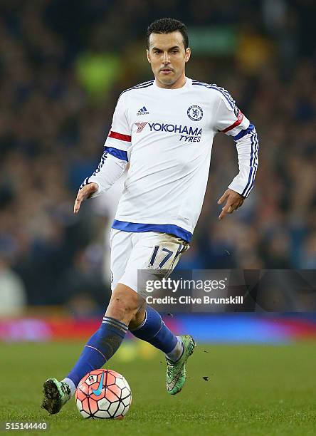 Pedro of Chelsea in action during The Emirates FA Cup Sixth Round match between Everton and Chelsea at Goodison Park on March 12, 2016 in Liverpool,...