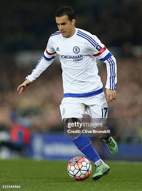 Pedro of Chelsea in action during The Emirates FA Cup Sixth Round match between Everton and Chelsea at Goodison Park on March 12, 2016 in Liverpool,...