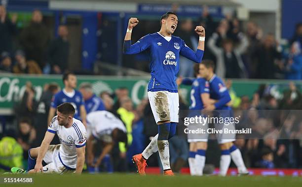 Ramiro Funes Mori of Everton celebrates his team's 2-0 win at the final whistle in the Emirates FA Cup Sixth Round match between Everton and Chelsea...