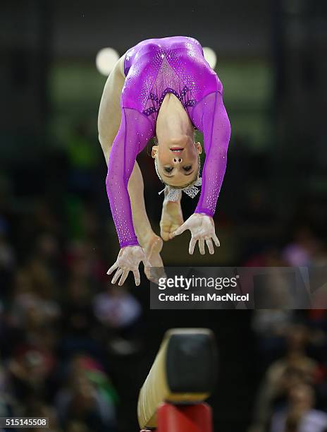 Mykayla Skinner of United States preforms on the Beam during the 2016 FIG Artistic World Cup at The Emirates Arena on March 12, 2016 in Glasgow,...