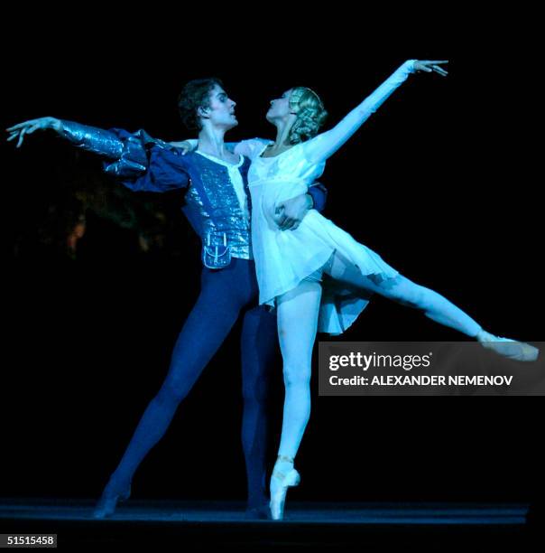 Ballet dancers Alexander Volchkov , as Romeo, and Valeria Vasilyeva , as Juliet, dance on the stage of the State Kremlin Palace in Moscow, 18 January...